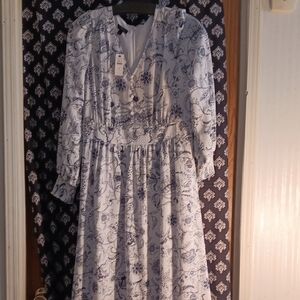 Chic Long Sleeve Floral Dress in Blue and White